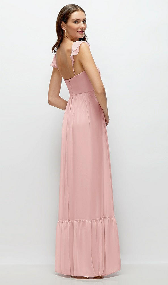 Back View - Rose Ruffle Strap Chiffon Bustier Maxi Dress with Ruffle Hem A-Line Skirt