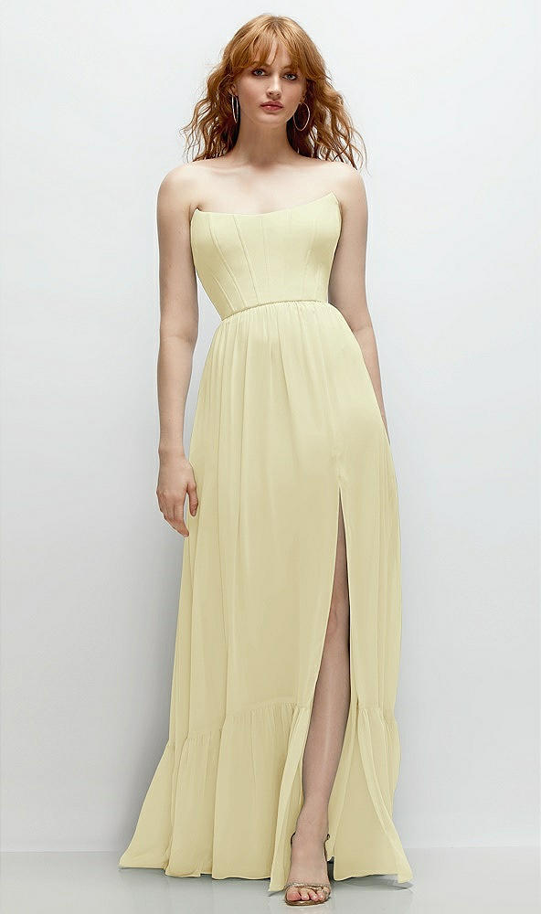 Front View - Butter Yellow Strapless Cat-Eye Corset Maxi Dress with Ruffle Hem A-Line Skirt