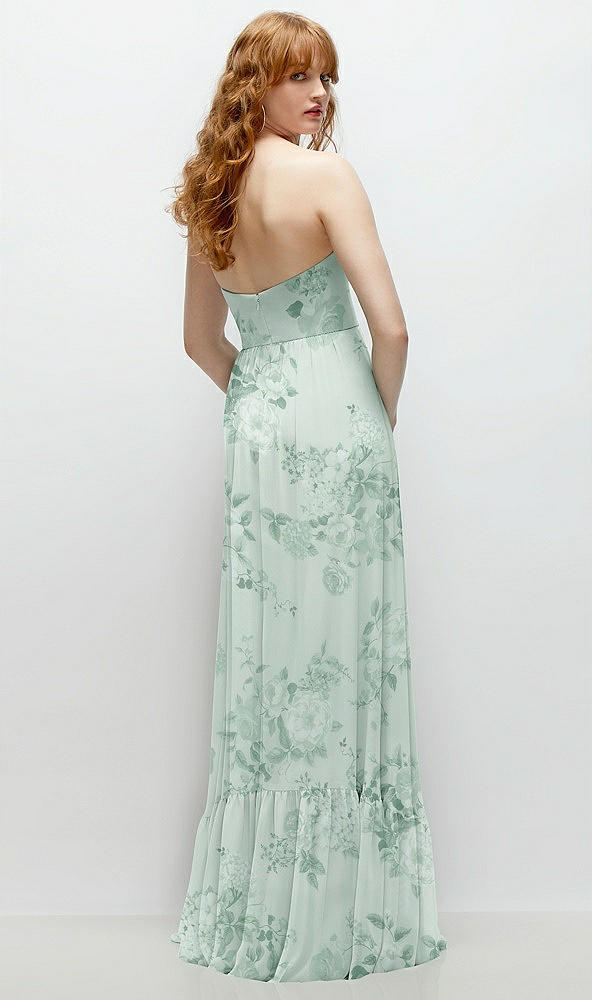 Back View - Mint Green Floral Strapless Cat-Eye Corset Maxi Dress with Ruffle Hem A-Line Skirt