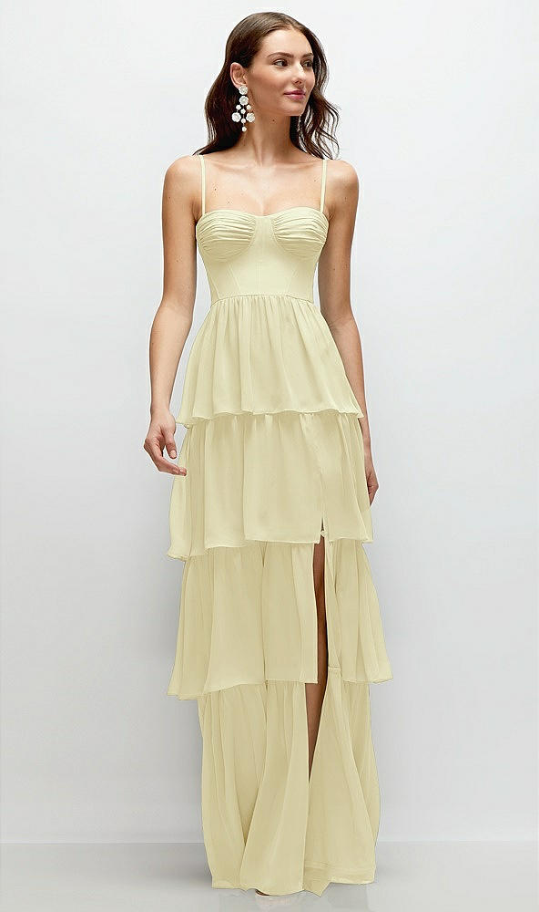 Front View - Butter Yellow Bustier-Style Chiffon Tiered Ruffle Maxi Dress with Adjustable Straps