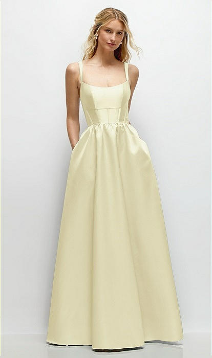 Scoop Neck Inset Corset Satin Maxi Bridesmaid Dress With Pockets