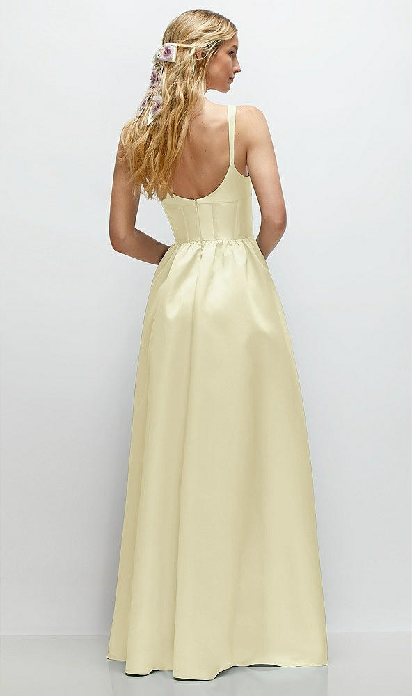 Back View - Butter Yellow Scoop Neck Inset Corset Satin Maxi Dress with Pockets