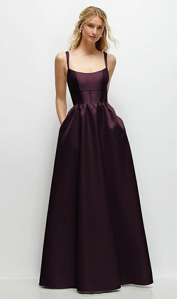 Front View - Deep Plum Scoop Neck Inset Corset Satin Maxi Dress with Pockets