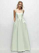 Front View Thumbnail - Mint Green Scoop Neck Inset Corset Satin Maxi Dress with Pockets