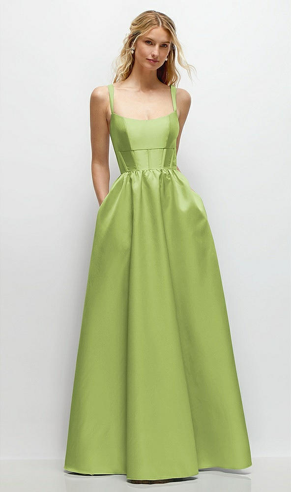 Front View - Mojito Scoop Neck Inset Corset Satin Maxi Dress with Pockets