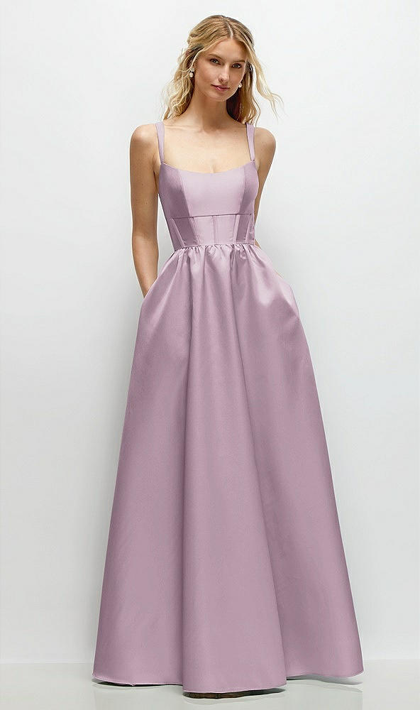 Front View - Suede Rose Scoop Neck Inset Corset Satin Maxi Dress with Pockets