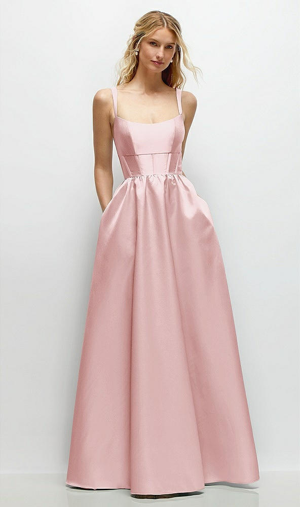 Front View - Ballet Pink Scoop Neck Inset Corset Satin Maxi Dress with Pockets