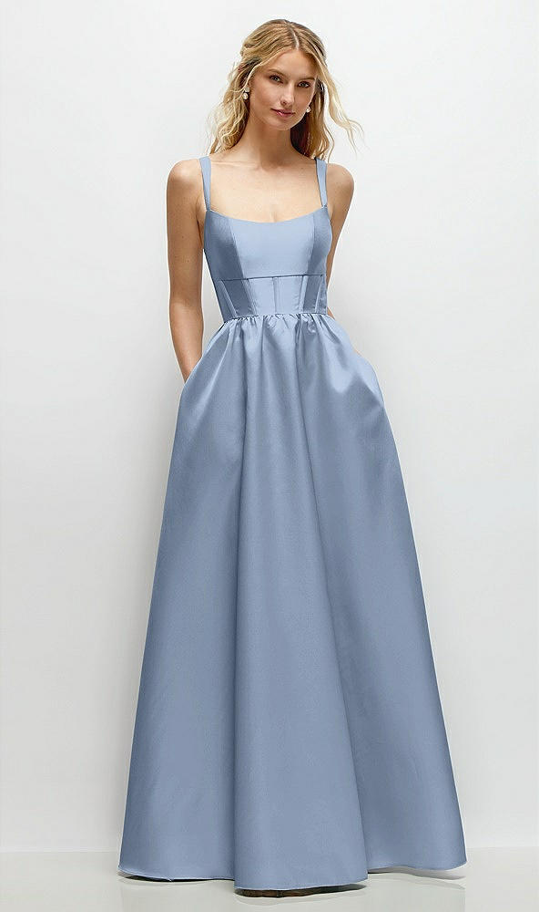 Front View - Cloudy Scoop Neck Inset Corset Satin Maxi Dress with Pockets