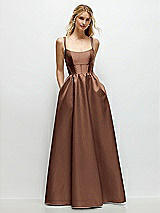 Front View Thumbnail - Cognac Scoop Neck Inset Corset Satin Maxi Dress with Pockets
