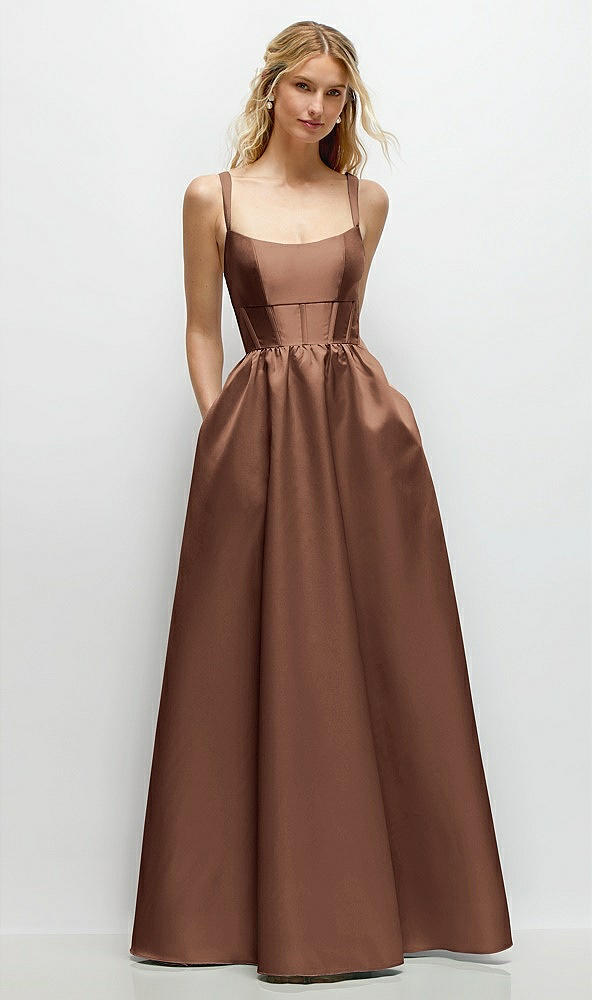 Front View - Cognac Scoop Neck Inset Corset Satin Maxi Dress with Pockets