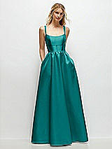 Front View Thumbnail - Jade Scoop Neck Inset Corset Satin Maxi Dress with Pockets