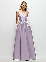 Front View Thumbnail - Lilac Haze Scoop Neck Inset Corset Satin Maxi Dress with Pockets