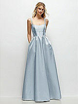 Front View Thumbnail - Mist Scoop Neck Inset Corset Satin Maxi Dress with Pockets