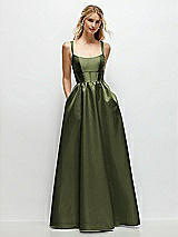 Front View Thumbnail - Olive Green Scoop Neck Inset Corset Satin Maxi Dress with Pockets