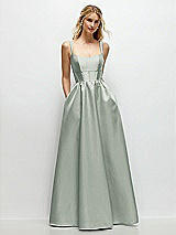 Front View Thumbnail - Willow Green Scoop Neck Inset Corset Satin Maxi Dress with Pockets