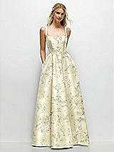 Front View Thumbnail - Butter Yellow Floral Scoop Neck Inset Corset Floral Satin Maxi Dress with Pockets