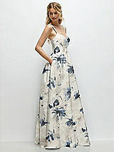 Side View Thumbnail - Inkwash Blue Floral Scoop Neck Inset Corset Floral Satin Maxi Dress with Pockets