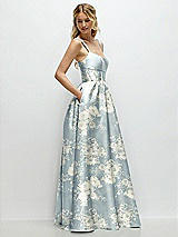 Side View Thumbnail - Porcelain Blue Seraphina Floral Scoop Neck Inset Corset Floral Satin Maxi Dress with Pockets