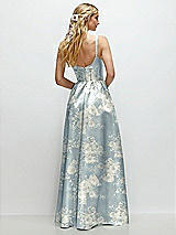 Rear View Thumbnail - Porcelain Blue Seraphina Floral Scoop Neck Inset Corset Floral Satin Maxi Dress with Pockets