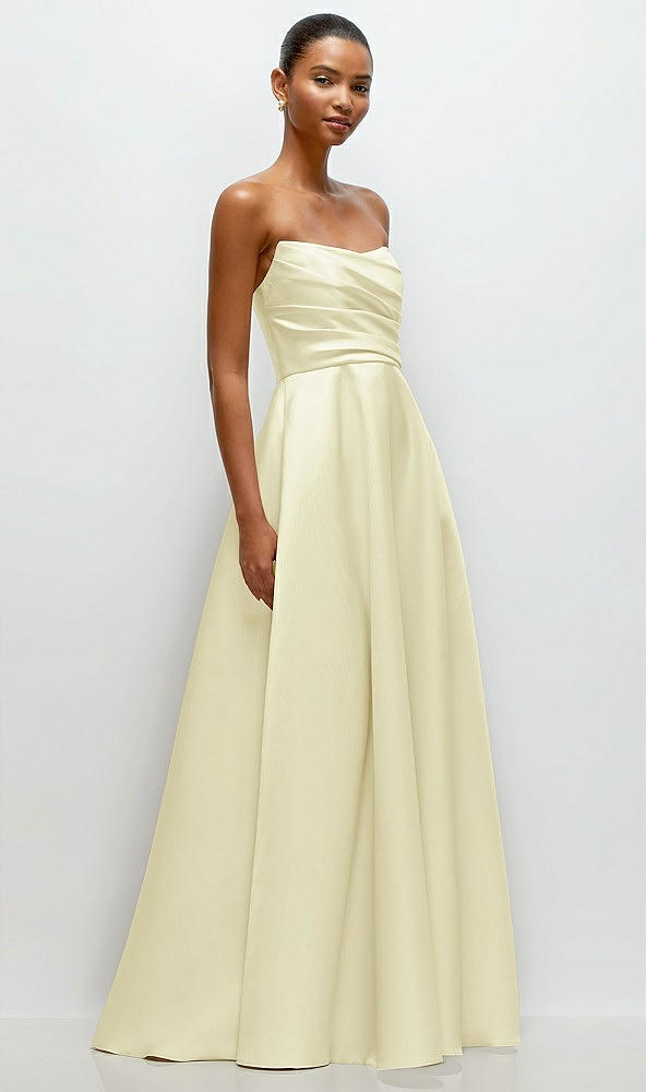 Front View - Butter Yellow Strapless Draped Cat-Eye Satin Maxi Dress with Full Skirt