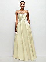 Side View Thumbnail - Butter Yellow Strapless Draped Cat-Eye Satin Maxi Dress with Full Skirt