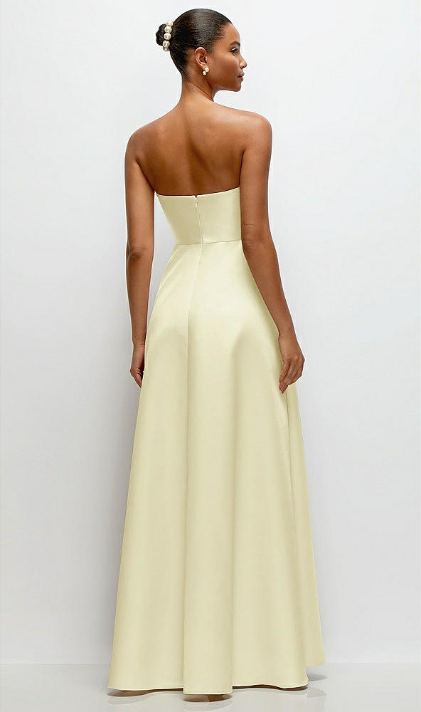 Back View - Butter Yellow Strapless Draped Cat-Eye Satin Maxi Dress with Full Skirt