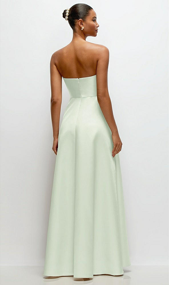 Back View - Mint Green Strapless Draped Cat-Eye Satin Maxi Dress with Full Skirt