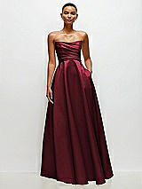 Side View Thumbnail - Cabernet Strapless Draped Cat-Eye Satin Maxi Dress with Full Skirt