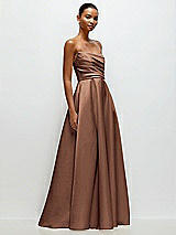 Front View Thumbnail - Cognac Strapless Draped Cat-Eye Satin Maxi Dress with Full Skirt