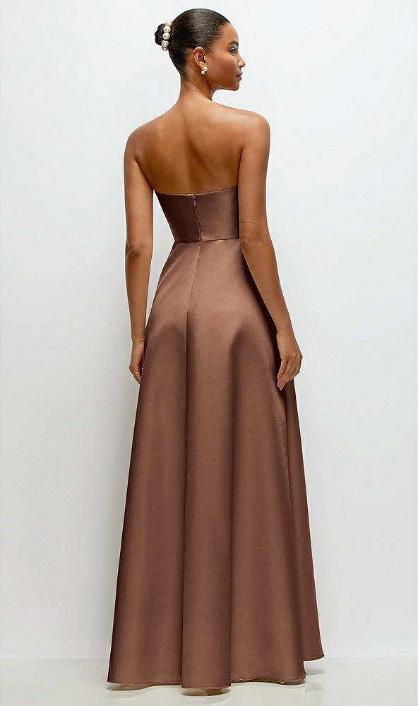 Back View - Cognac Strapless Draped Cat-Eye Satin Maxi Dress with Full Skirt