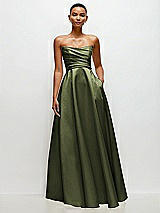 Side View Thumbnail - Olive Green Strapless Draped Cat-Eye Satin Maxi Dress with Full Skirt