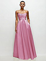 Side View Thumbnail - Powder Pink Strapless Draped Cat-Eye Satin Maxi Dress with Full Skirt