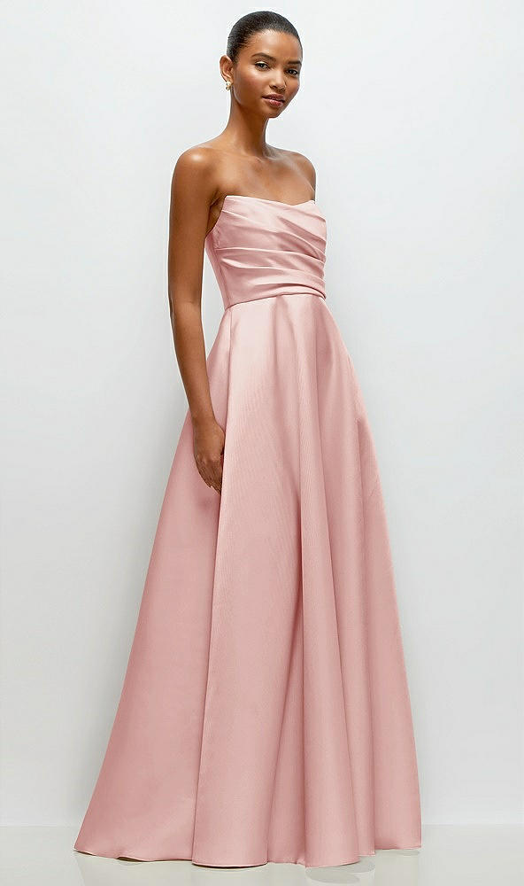 Front View - Rose Strapless Draped Cat-Eye Satin Maxi Dress with Full Skirt