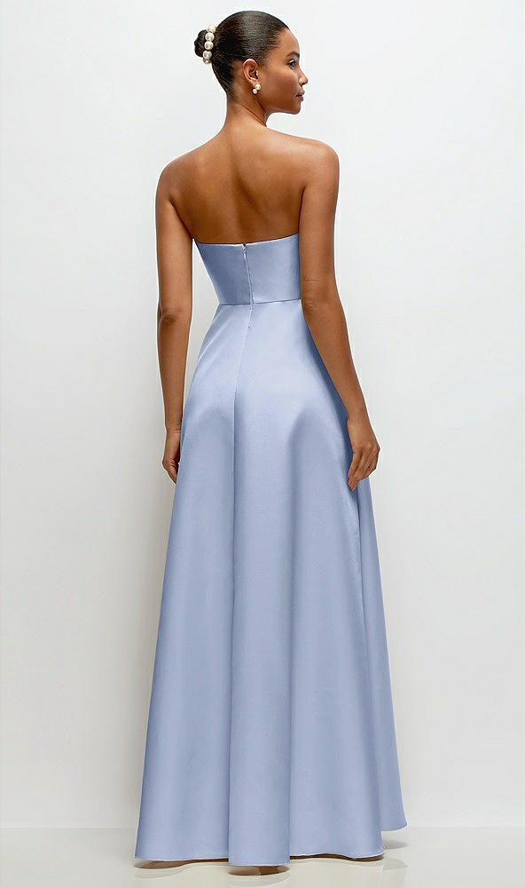 Back View - Sky Blue Strapless Draped Cat-Eye Satin Maxi Dress with Full Skirt