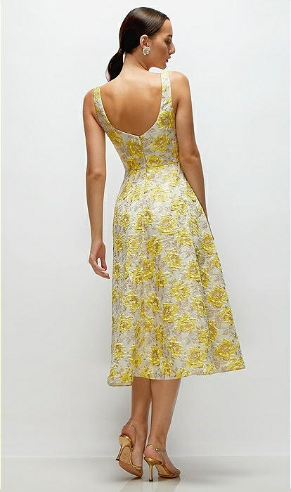 Golden Yellow Square Neck Floral Jacquard Midi Bridesmaid Dress In