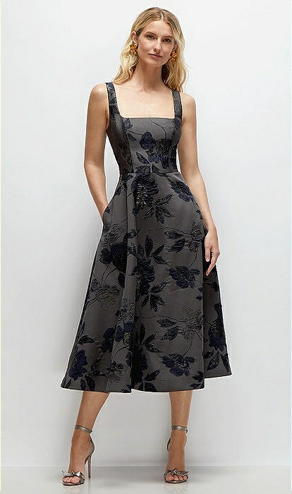 Noir Midnight Navy Square Neck Floral Metallic Jacquard Midi