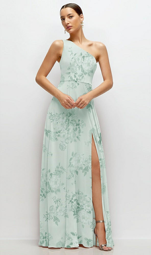 Front View - Mint Green Floral Chiffon One-Shoulder Maxi Dress with Circle Skirt