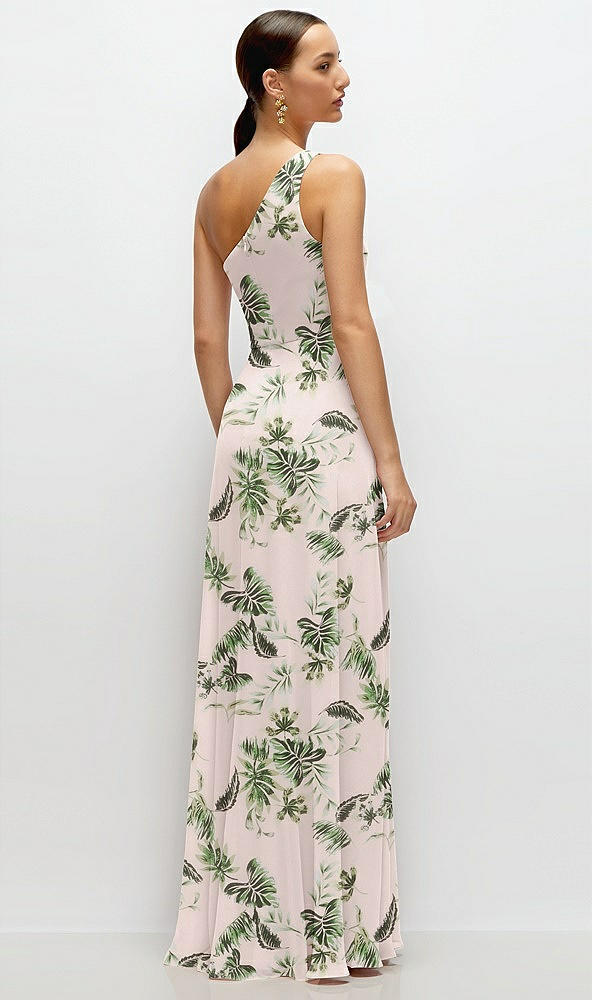 Back View - Palm Beach Print Chiffon One-Shoulder Maxi Dress with Circle Skirt