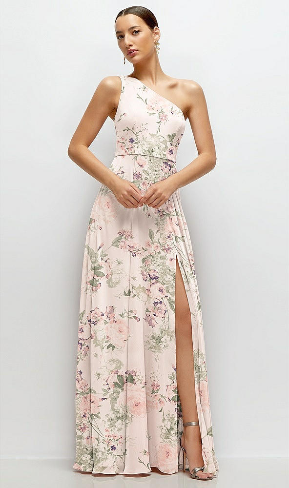 Front View - Blush Garden Chiffon One-Shoulder Maxi Dress with Circle Skirt