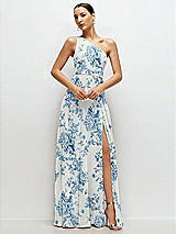 Front View Thumbnail - Cottage Rose Dusk Blue Chiffon One-Shoulder Maxi Dress with Circle Skirt