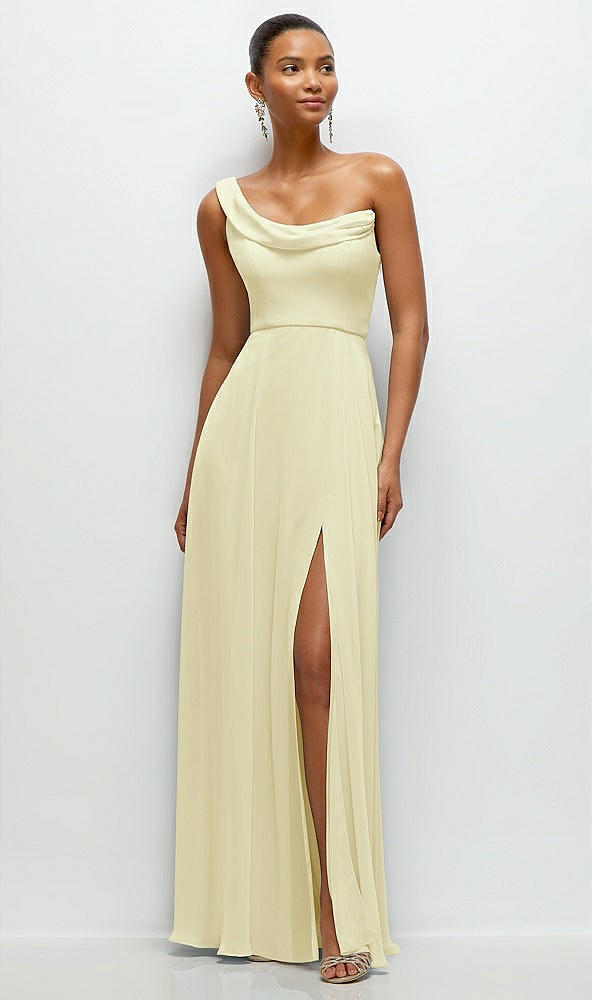 Front View - Butter Yellow Chiffon One-Shoulder Maxi Dress with Draped Cowl Neckline