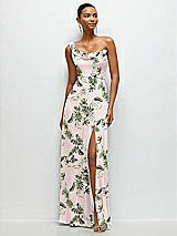 Front View Thumbnail - Palm Beach Print Chiffon One-Shoulder Maxi Dress with Draped Cowl Neckline