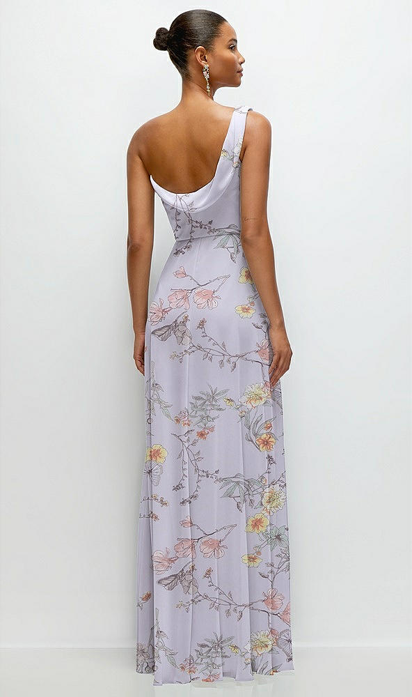 Back View - Butterfly Botanica Silver Dove Chiffon One-Shoulder Maxi Dress with Draped Cowl Neckline