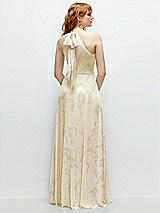 Rear View Thumbnail - Butter Yellow Floral Shirred Halter Chiffon Maxi Dress with Back Sash-Tie Closure