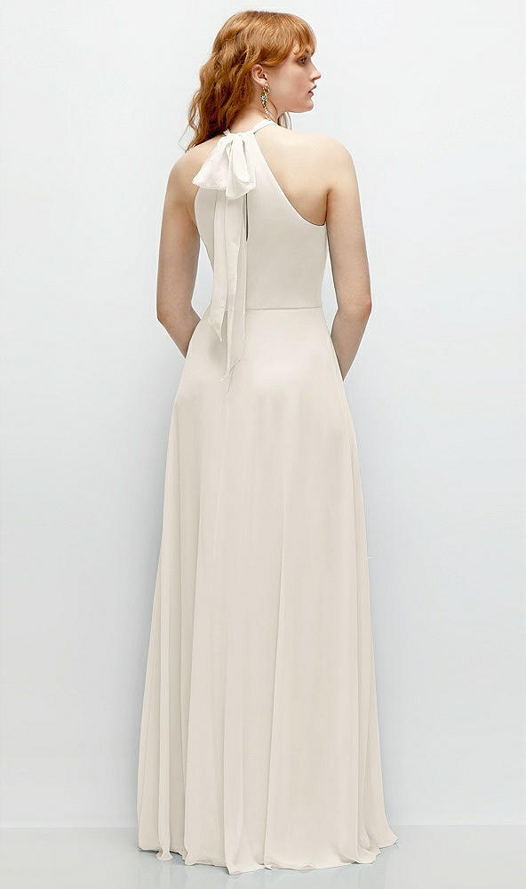 Back View - Ivory Shirred Halter Chiffon Maxi Dress with Back Sash-Tie Closure