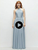 Video 1 Thumbnail - Vineyard Green Shirred Halter Chiffon Maxi Dress with Back Sash-Tie Closure
