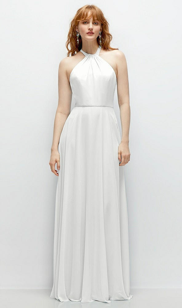 Front View - White Shirred Halter Chiffon Maxi Dress with Back Sash-Tie Closure