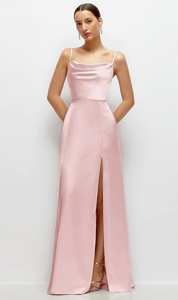 Front View - Ballet Pink Cowl Neck Satin Maxi Dress with Adjustable Spaghetti Straps