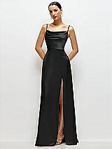 Front View Thumbnail - Black Cowl Neck Satin Maxi Dress with Adjustable Spaghetti Straps