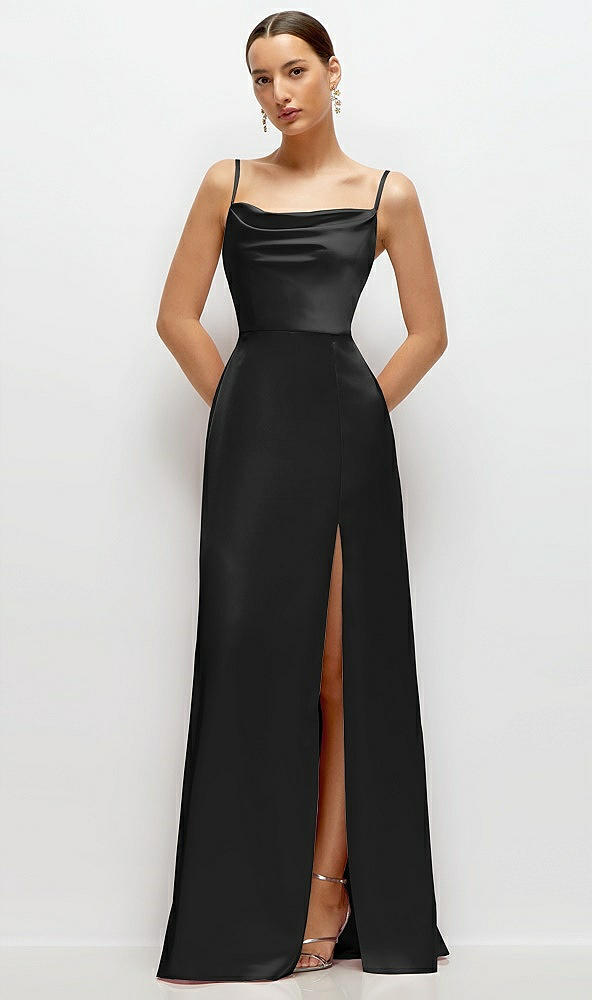 Front View - Black Cowl Neck Satin Maxi Dress with Adjustable Spaghetti Straps